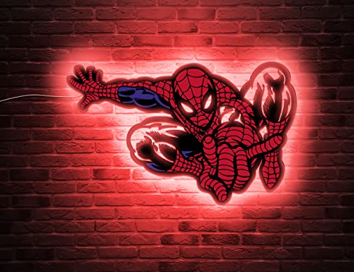 Spider Night Lights for Kids Wall Decor Led Sign - Man Night Lamp for bedroom - Kids Wall Decor Neon Art - Color Changing Lamp Decoration - Gifts for boys - LE521 (30"Wx19"H (76x48cm), White Light)