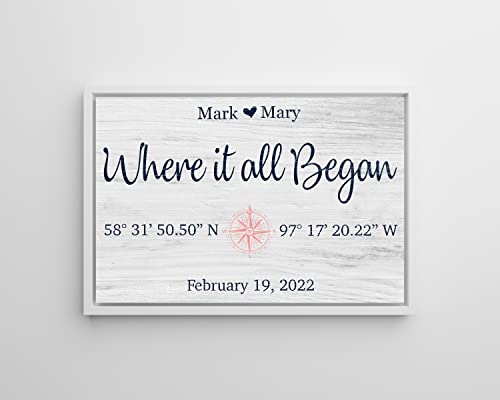 Where it All Began Wall Art Couples Names, Custom Latitude/Longitude, and State Map for 20th Wedding Anniversary Gift or Wedding Present (Framed Canvas, 16" x 24")