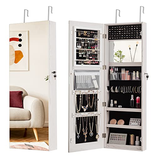 COSTWAY Mirror Jewelry Cabinet Armoire, Wall/Door Mounted Jewelry Storage Organizer w/ Full-Length Mirror & Inside Makeup Mirror, Lockable Jewelry Cabinet w/ Large Storage Space for Bedroom (White)