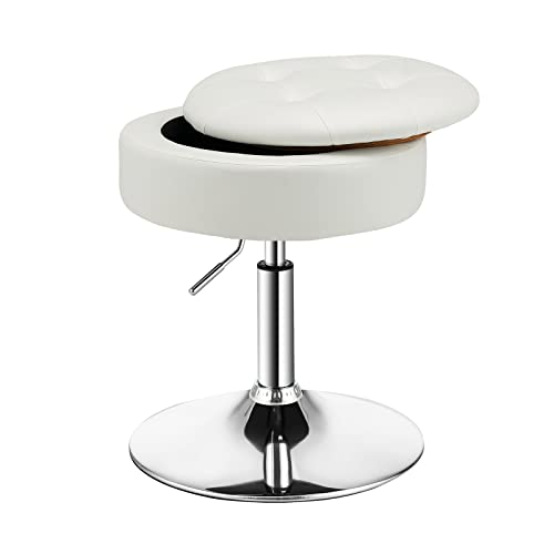 COSTWAY Counter Height Bar Stool, Tufted PU Leather 20"-26" H Adjustable Swivel Vanity Chair with Removable Tray Top and Storage Space, Modern Round Ottoman for Makeup Kitchen Island Shop, White