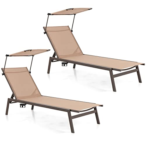 COSTWAY 2 PCS Outdoor Chaise Lounge Chair with Sunshade 6-Level Adjustable Recliner