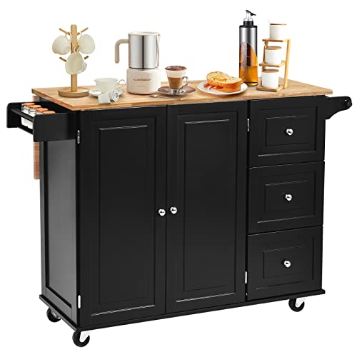 COSTWAY Kitchen Island Cart on Wheels, w/ 2-Door Cabinet, 3 Drawers & Towel/Spice Rack, Utility Cabinet w/Drop-Leaf Rubber Wood Top & Adjustable Shelves for Home Kitchen, Dinning Room (Black)