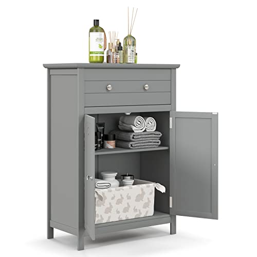 COSTWAY Bathroom Floor Cabinet, Wooden Side Storage Organizer w/Larger Drawer, Adjustable Shelf & 2-Door Cupboard, Freestanding Storage Cabinet for Living Room, Kitchen, Entryway (Grey)