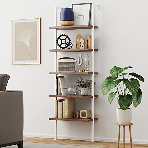 Nathan James Theo 5-Shelf Wood Modern Bookcase, Open Wall Mount Ladder Bookshelf with Industrial Metal Frame, Light Brown Oak/White