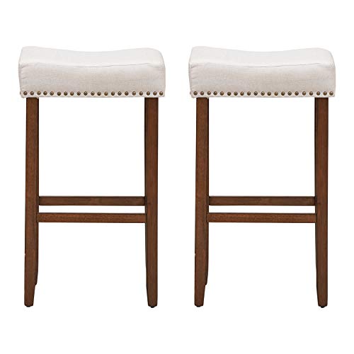 COSTWAY Saddle Stools Set of 2, 29-inch Counter Height Backless Stools with Brass Nailhead Trim, Solid Wood Legs, Foot Rest, Max Load 264 Lbs, Upholstered Bar Chair for Kitchen Island Pub, Beige