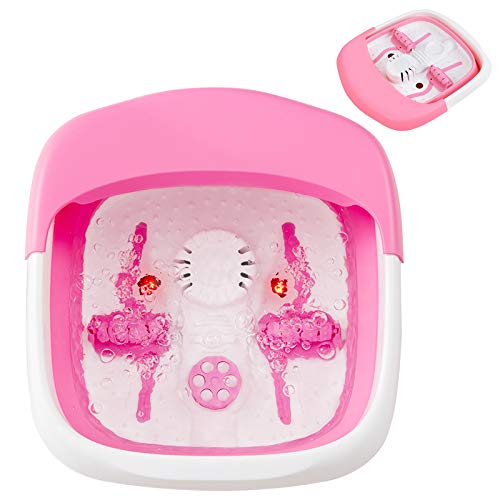 COSTWAY Foldable Foot Spa Bath Massager, 3 in 1 Function Electric Heated Feet Massager with Red Light, Air Bubble, Motorized Massage Tub with Massaging Rollers, Pumice Stone, Scrub Brush (Pink)