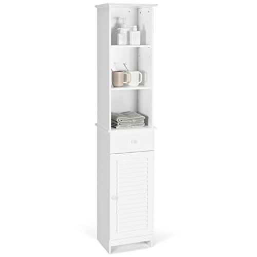 COSTWAY Tall Bathroom Storage Cabinet, Freestanding Storage Organizer with 2 Adjustable Shelves, 1 Drawer and Door Cabinet, Narrow Floor Storage Cabinet for Living Room Kitchen Bathroom, White