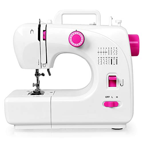 Costway Sewing Machine Portable Multifunctional Sewing Machine with 16 Built-in Stitch Adjustable 2-Speed Automatic Thread Rewind Sewing Machine with Light and Bonus Accessories