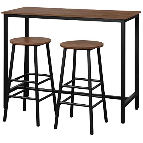 COSTWAY 3-Piece Pub Table Set, Bar Table with 2PCS Backless Bar Stools, Fashionable Simple Style, Kitchen Counter Height Dining Design, Breakfast Table Set for Kitchen, Restaurant, Small Space (Brown)