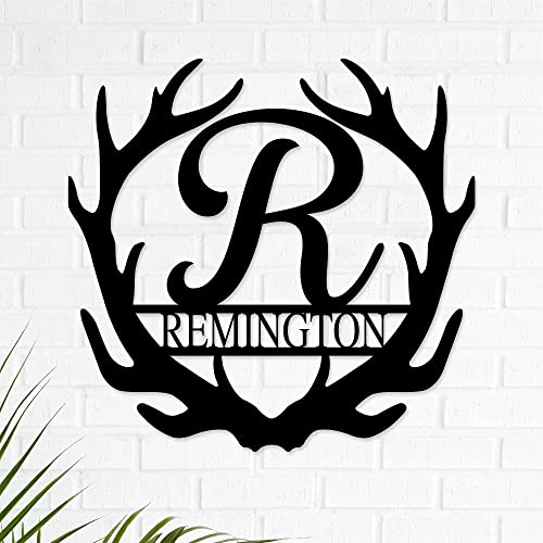 Personalized Family Name Sign Custom Last Name Sign Monogram Letters Wall Decor Personalized Name Signs for Home Decor Metal Established Sign Initial Split Letter Monogram Sign (Antlers)