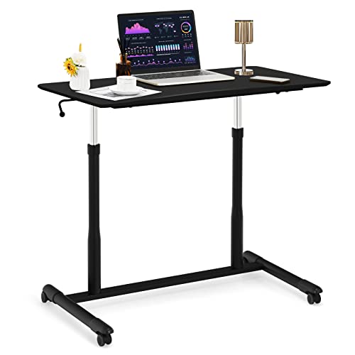 COSTWAY Mobile Height Adjustable Standing Desk, Compact Pneumatic Sit to Stand Computer Desk w/Lockable Casters, Ergonomic Rolling Laptop Table w/Steel Frame for Home Office (Black)