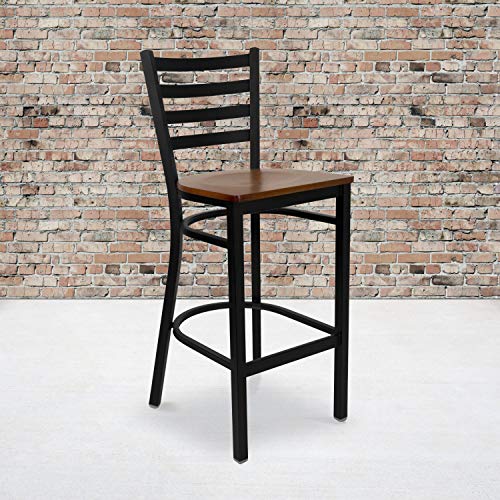 Flash Furniture 2 Pack HERCULES Series Black Ladder Back Metal Restaurant Barstool - Cherry Wood Seat