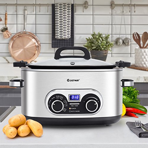 COSTWAY 4-in-1 Multi Cooker, 6 Quart Countdown Programmable Portable Oval Stainless Steel Slow Cooker with Digital Timer, Steamer, Stove Top & Oven with Steaming Rack and Fork