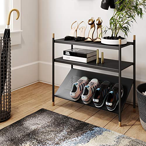Nathan James Alice Industrial Shoe Rack 3-Tier Storage Organizer, Natural Wood Metal Frame, for Entryway, Living Room, Hallway, 1, Beige/Black