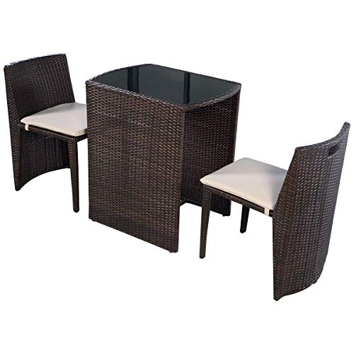 COSTWAY Garden Lawn Sofa Furniture Brown 3 PCS Cushioned Outdoor Wicker Patio Convention Bistro Set