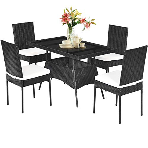 COSTWAY 5PCS Patio Rattan Dining Set Cushioned Chair Table w/Glass Top Garden Furniture