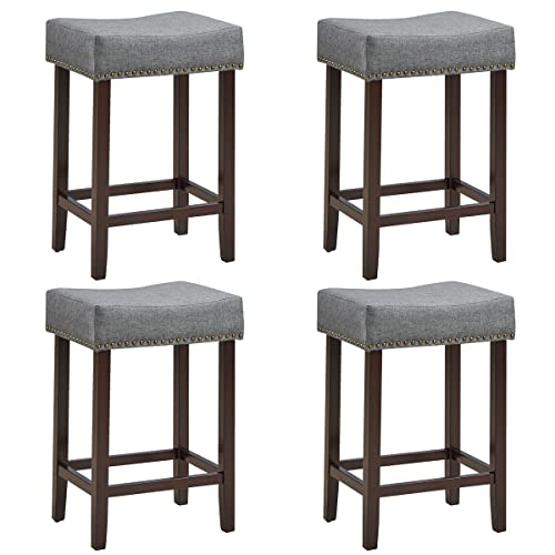 COSTWAY Counter Height Bar Stools Set of 4, 24-inch Height Backless Saddle Stools with Brass Nailhead Trim, Thick Cushion, Solid Wood Legs, Modern Bar Stools for Kitchen Island Bistro, Grey