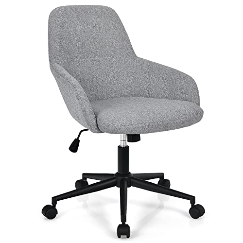 COSTWAY Upholstered Home Office Chair, Height Adjustable Leisure Vanity Chair w/Linen Fabric Cover & Ergonomic Rocking Backrest, Rolling Swivel Desk Chair for Living Room, Bedroom, Guest Room, Grey