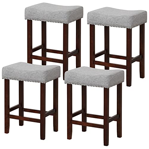 COSTWAY Counter Height Bar Stools Set of 4, 25-inch Backless Saddle Stools with Nailhead Trim, Rubber Wood Frame, Footrest, Max Load 330 Lbs, Upholstered Barstools for Kitchen Island Pub, Grey