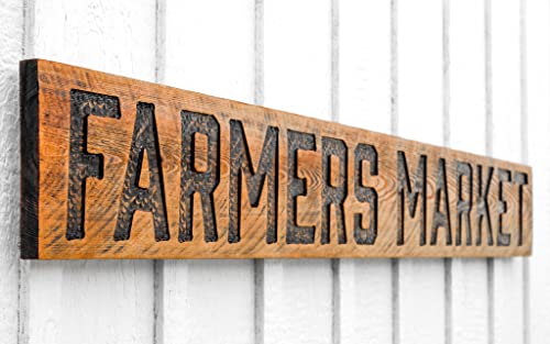 Farmers Market stained Sign 55"x8" Horizontal - Carved in a Wood Board Rustic Farmhouse Style