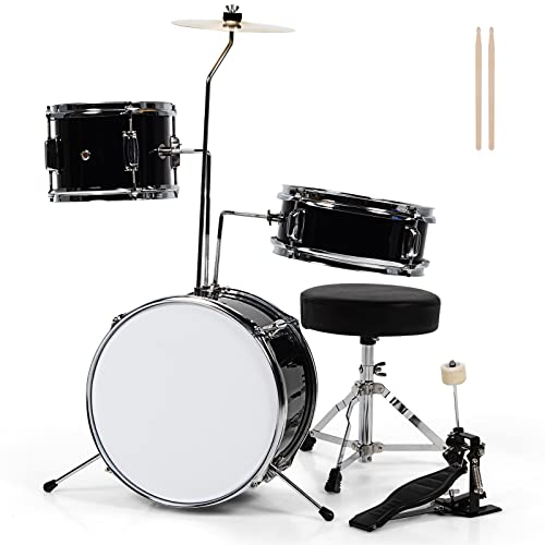 COSTWAY Kids Drum Set, 16Ó Junior Drum Kit with Bass/Snare/Toms/Floor Drum, Hi-Hat, Cymbal, Pedal, Seat, Drumsticks, 3 PCS ChildrenÕs Beginner Drum Instrument for Age 3-12 (Black)