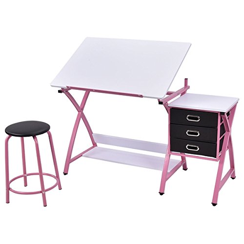 Costway Drafting Table Art & Craft Drawing Desk Art Hobby Folding Adjustable w/Stool