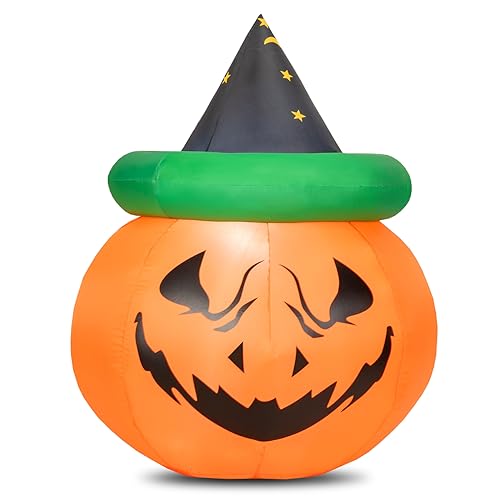 COSTWAY 4 Ft Halloween Blow-up Inflatable Pumpkin W/Witch Hat LED Bulbs Yard