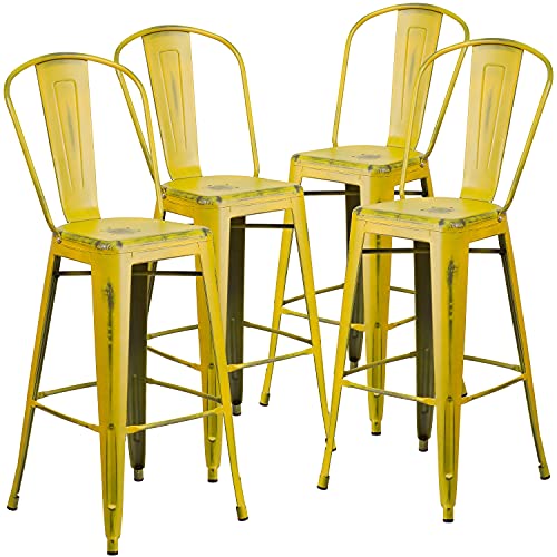 Flash Furniture Blake Commercial Grade 4 Pack 30" High Distressed Yellow Metal Indoor-Outdoor Barstool with Back