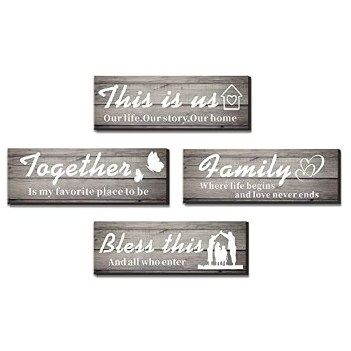 4pcs Home Decor Signs This is us/Together/Family/Bless this home,Rustic Wooden Wall Art Decor,Farmhouse Wall Signs for Bedroom Living Room,4.7 x 13.8 Inch (dark grey)