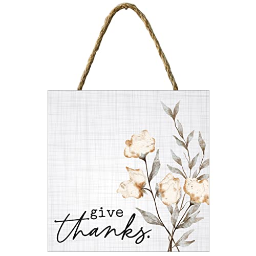 Give Thanks Hanging Sign - Home Decorative Rustic Wooden Sign, Thanksgiving, Fall, Autumn Decor to Hang in Front Door, Kitchen Wall, Outdoor, Porch, Farmhouse, Garden - 7" x 7"