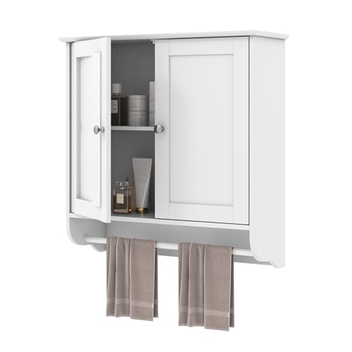 COSTWAY Bathroom Wall Cabinet, Over The Toilet Storage Cabinet w/ 2 Doors, Adjustable Shelf and Towel Bar, Space-Saving Wall Mounted Medicine Cabinet for Bathroom Kitchen Laundry Room (White)