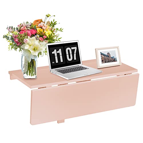 COSTWAY Wall Mounted Folding Table, 31.5" x 23.5" Drop-Leaf Floating Writing Desk for Small Spaces, Space-Saving Fold Down Laptop Workstation for Kitchen, Bedroom, Laundry Room, Study Room (Pink)