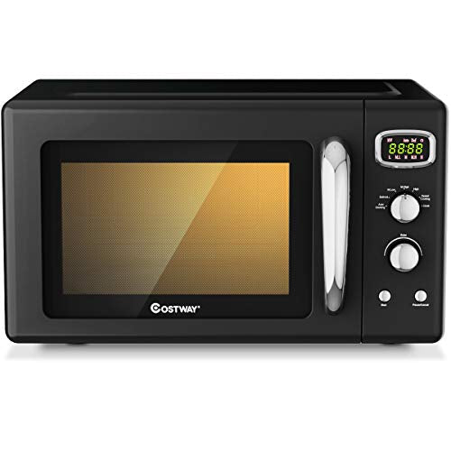 COSTWAY Retro Countertop Microwave Oven, 0.9Cu.ft, 900W Microwave Oven, with 5 Micro Power, Defrost & Auto Cooking Function, LED Display, Glass Turntable and Viewing Window, Child Lock