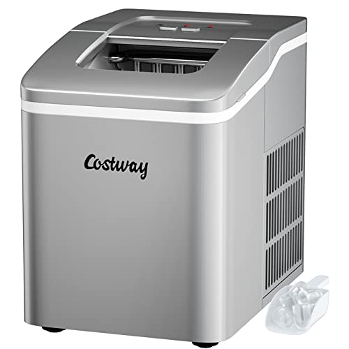 COSTWAY Countertop Ice Maker, 26Lbs/24H Portable Ice Machine with Self-Cleaning Function, Bullet Ice Cubes Ready in 8 Mins, Scoop and Removable Basket,Ice Maker for Home Party Bar, Silver