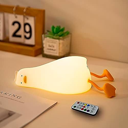 Lying Flat Benson Duck Multi-Color Lamp with Remote Control, Rechargeable Silicone Night Light, Dimmable Cute Light Up Duck, Nursery Nightlight, Bedside Lamp for Breastfeeding, Kawaii Room Decor.