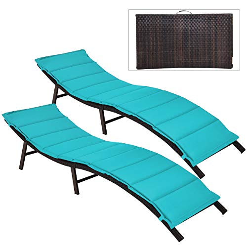 COSTWAY 2PCS Patio Rattan Folding Lounge Chair Chaise Double Sided Cushion Turquoise