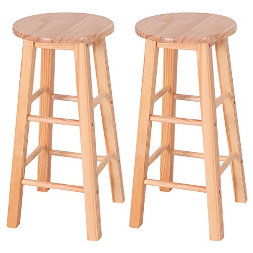 COSTWAY Set 24-Inch Pine Wood Bistro Square Leg Bar Stool Dining Kitchen Pub Chair Furniture, Natural Finish, Set of 2, Burlywood