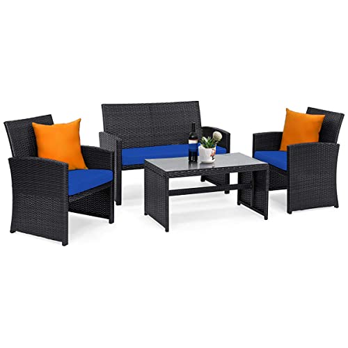 COSTWAY 4PCS Patio Rattan Furniture Conversation Set Cushion Sofa Table Garden Navy