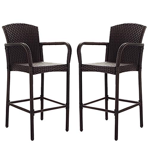 COSTWAY Rattan Wicker Bar Stool, Outdoor Backyard Chair Patio Furniture with Armrest Rattan Wicker Set of 2 Barstools (Mix Brown)