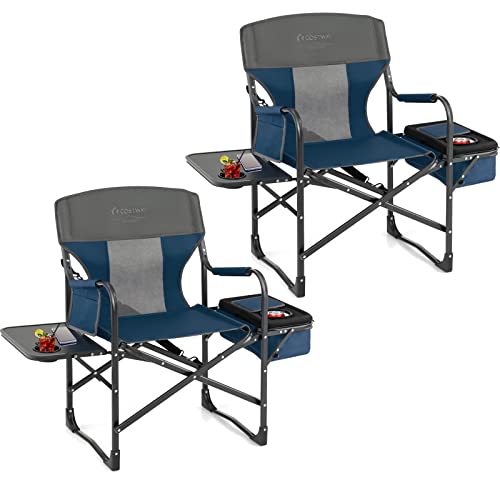 COSTWAY 2-Pack Folding Camping Chair, Heavy-Duty Director Chair Supports 400lbs for Adults with Side Table, Cooler Bag, Storage, Strap, Portable Makeup Chair Set of 2 for Fishing Picnic, Blue