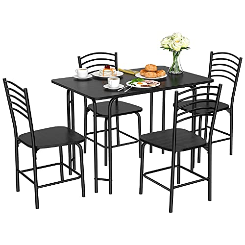 COSTWAY 5 Piece Dining Set Home Kitchen Table and 4 Chairs with Metal Legs Modern Black