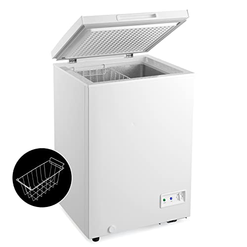 COSTWAY Chest Freezer, 3.5 Cu.ft Quiet Small Deep Freezer with Top Open Door & Removable Basket, 7-Grade Temperature Setting, Mini Compact Freezer with Two Rolling Casters for Apartments, Bars, RV, Kitchen, White