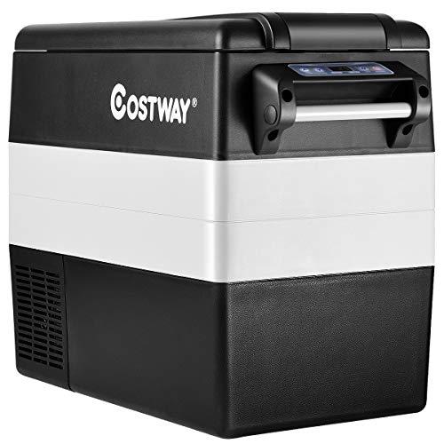 COSTWAY Portable Car Refrigerator, 55-Quart Dual-zone Electric Cooler with LCD Display, Shockproof Design, -4¡F to 50¡F, 12V/24V DC, 100-240V AC, 12 Volt Refrigerator for RV Travel Camping, Silver