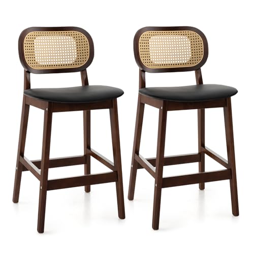 COSTWAY Bar Stool Set of 2, 25 Inch Wood Counter Height Chairs with PE Rattan Backrest, Padded Seat & Footrest, Elegant Kitchen Island Stool for Home, Pub & Restaurant (2)