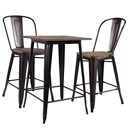 COSTWAY 3 Piece Table & Chair Set Kitchen Dining Room Counter Height Steel Soild Wood