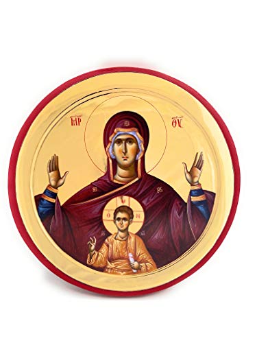 Wooden Byzantine Orthodox Christian Circular Icon The Theotokos Spacious Than Heaven 8" x 8" Poplar