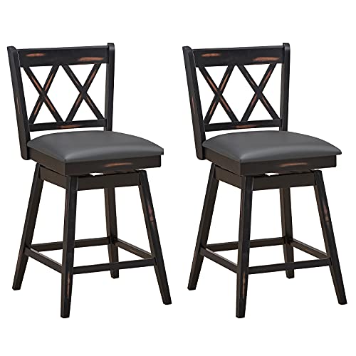 COSTWAY Bar Stool Set of 2, 360 ¡Swivel Counter Height 25inch Bar Stool with Foot Rest Upholstered Cushion & Ergonomic Backrest, Sturdy Frame, for Pub, Restaurant, Home (2, Black + Grey)