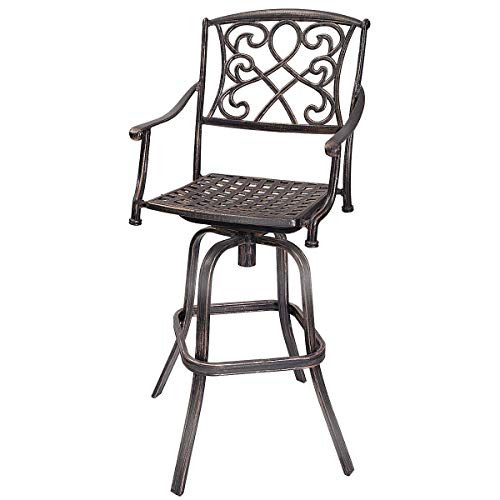 COSTWAY Cast Aluminum Swivel Bar Stool, Patio Furniture in Antique Copper Design with Long Use Life, Outdoor Bar Mesh Chair with Backrest, Armrest, Footrest, 360¡Swivel Seat