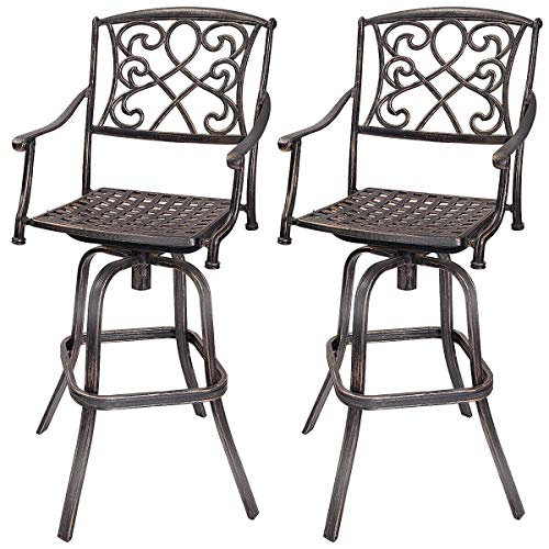 COSTWAY Bar Stool Set of 2, Cast Aluminum Vintage Retro Design Patio Outdoor Garden Bistro Furniture Set (2*Copper Bar Stool)