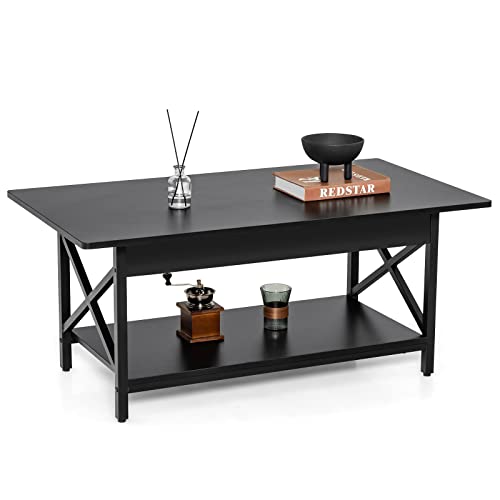 COSTWAY Industrial Coffee Table, 2-Tier Wood Cocktail Tea Table with Storage Shelf and X-Shape Steel Frame, Rectangle Sofa Side Accent Table for Living Room Home Office, Black